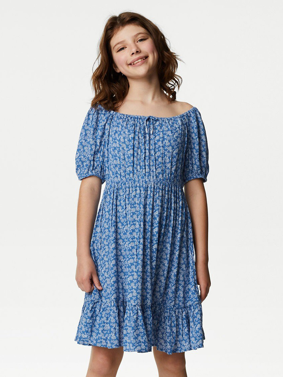 

Marks & Spencer Floral Print Puff Sleeve Fit & Flare Dress, Blue