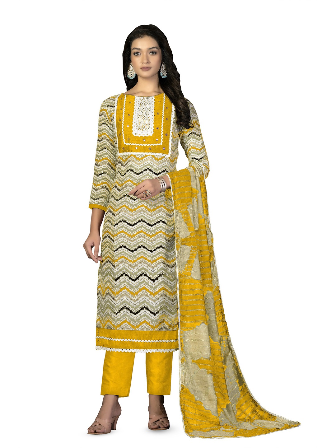 

MANVAA Printed Mirror Work Pure Cotton Unstitched Dress Material, Yellow