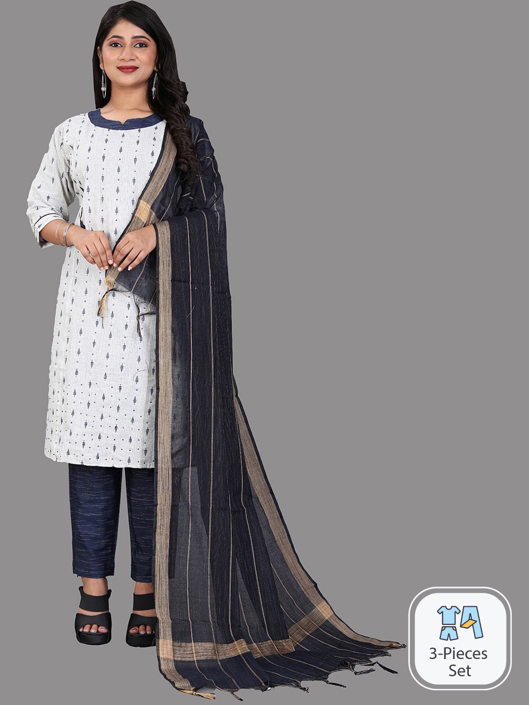 

APNISHA Ethnic Motifs Printed Regular Kurta With Trousers & With Dupatta, Blue