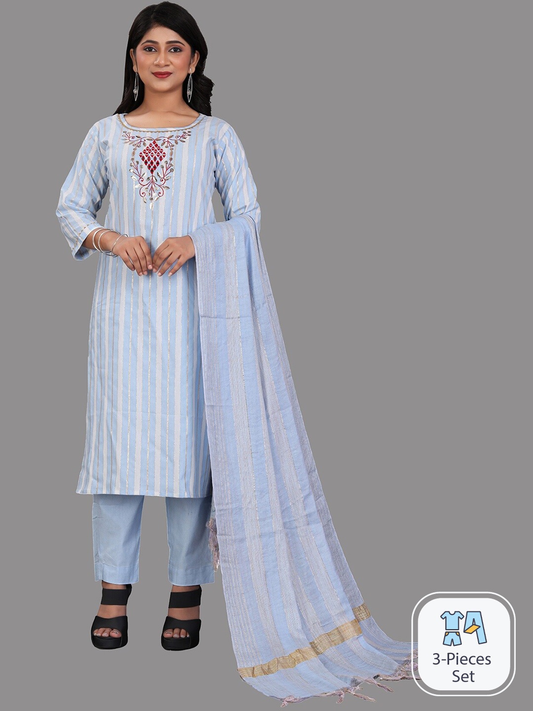 

APNISHA Striped Regular Thread Work Kurta With Trousers & With Dupatta, Blue