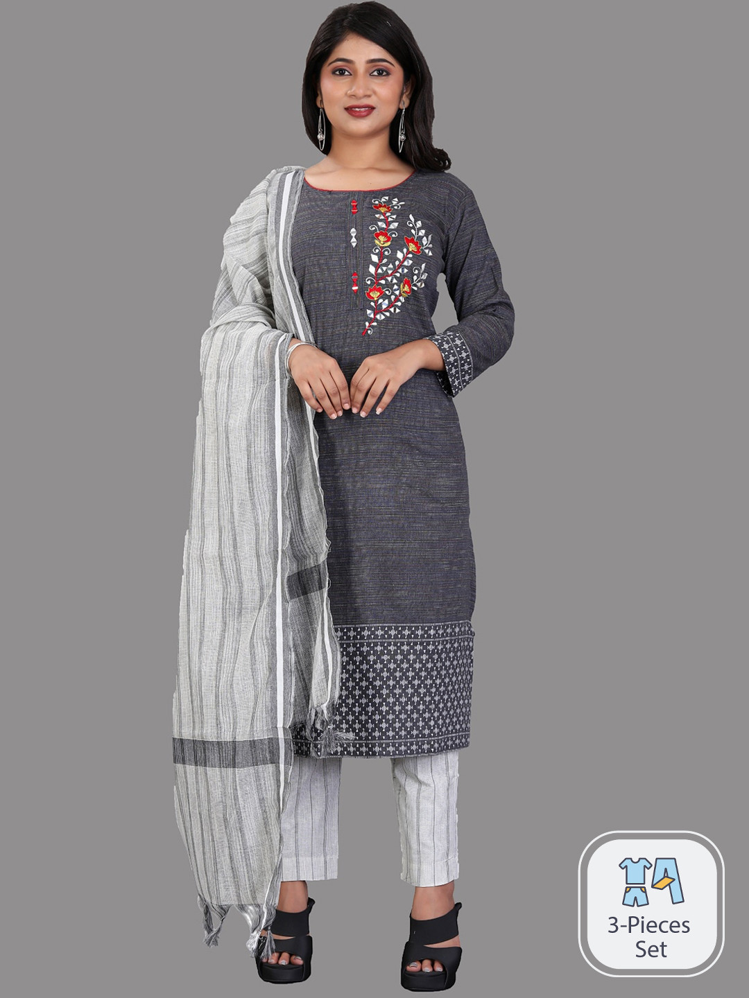 

APNISHA Ethnic Motifs Embroidered Thread Work Kurta With Trousers & With Dupatta, Grey