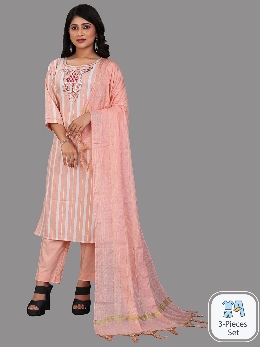 

APNISHA Striped Regular Kurta With Trousers & With Dupatta, Peach