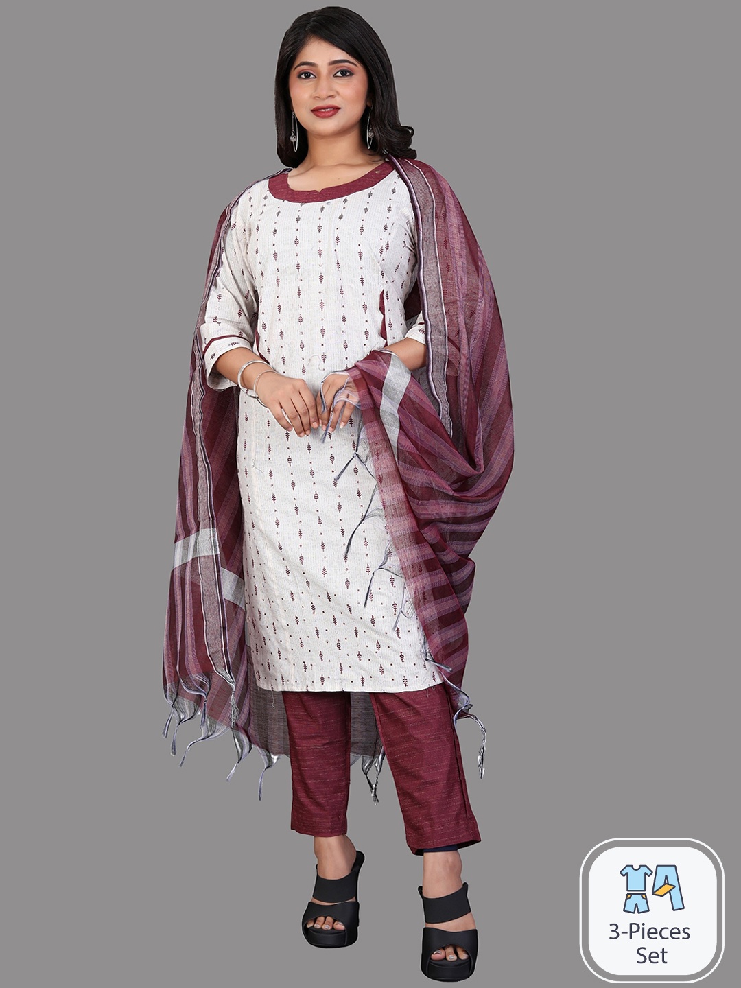 

APNISHA Striped Regular Kurta With Trousers & With Dupatta, Maroon