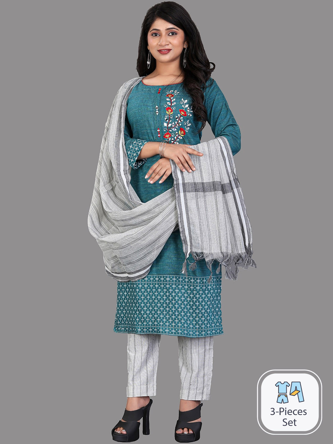 

APNISHA Floral Embroidered Regular Thread Work Kurta With Trousers & With Dupatta, Green