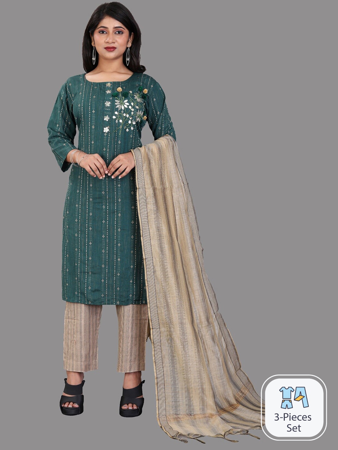 

APNISHA Floral Embroidered Regular Thread Work Kurta With Trousers & With Dupatta, Green