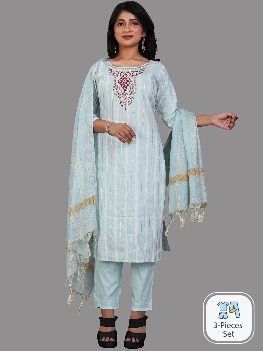 

APNISHA Striped Regular Kurta With Trousers & With Dupatta, Blue