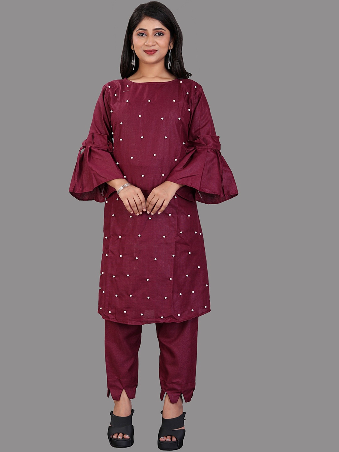 

APNISHA Beads and Stones Embellished Kurta With Trousers, Maroon