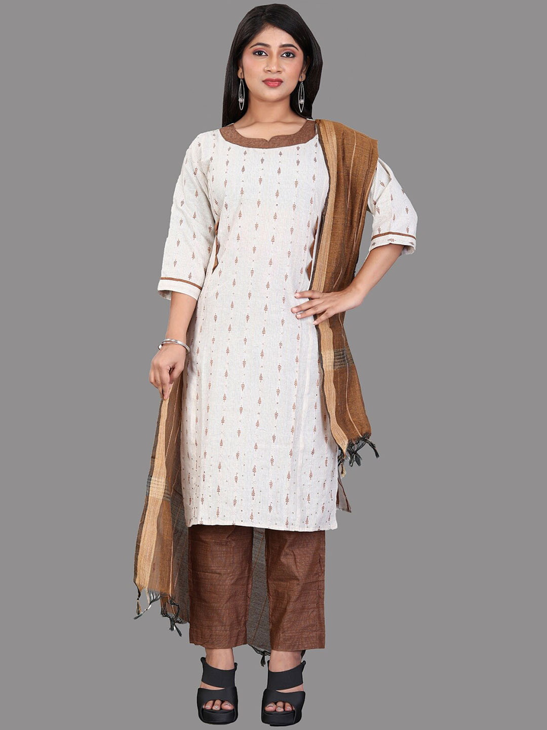 

APNISHA Ethnic Motifs Printed Kurta with Pyjamas & With Dupatta, Brown