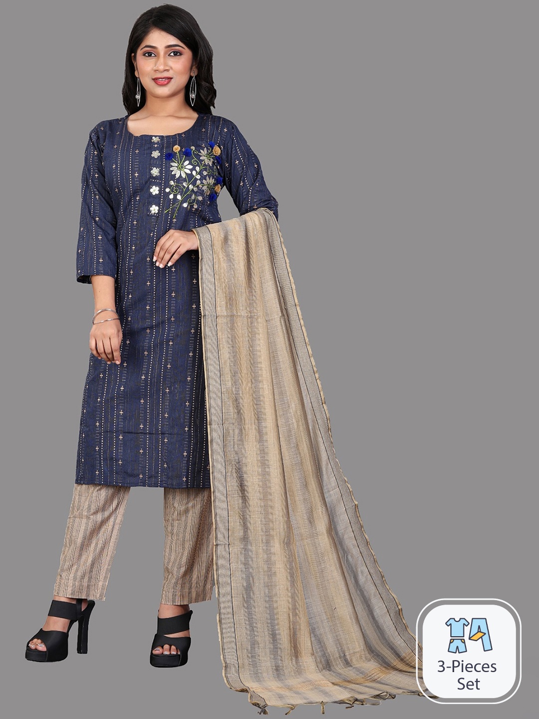 

APNISHA Floral Embroidered Straight Kurta with Pyjamas & With Dupatta, Blue