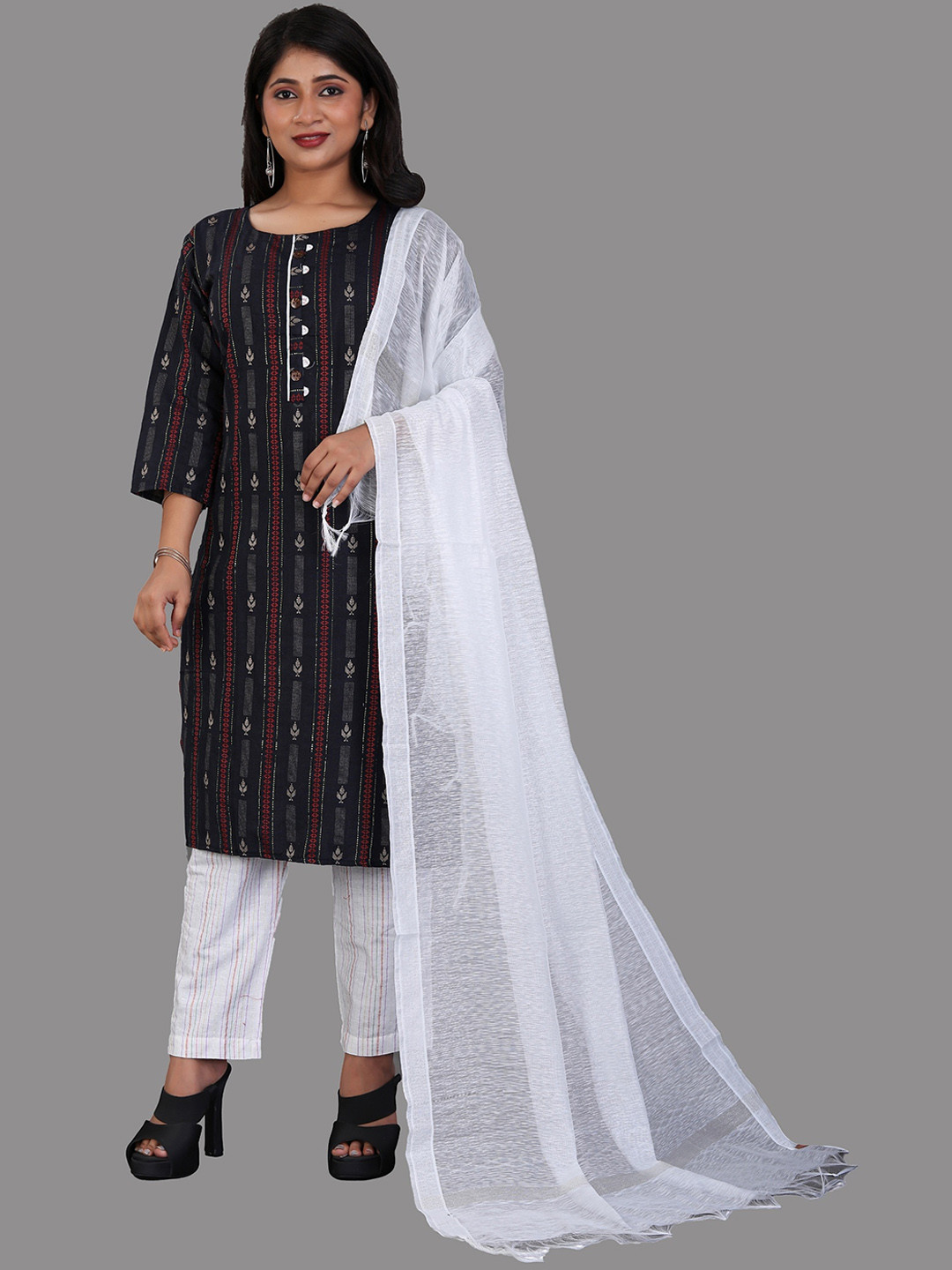 

APNISHA Woven Design Straight Kurta with Trousers & With Dupatta, Black
