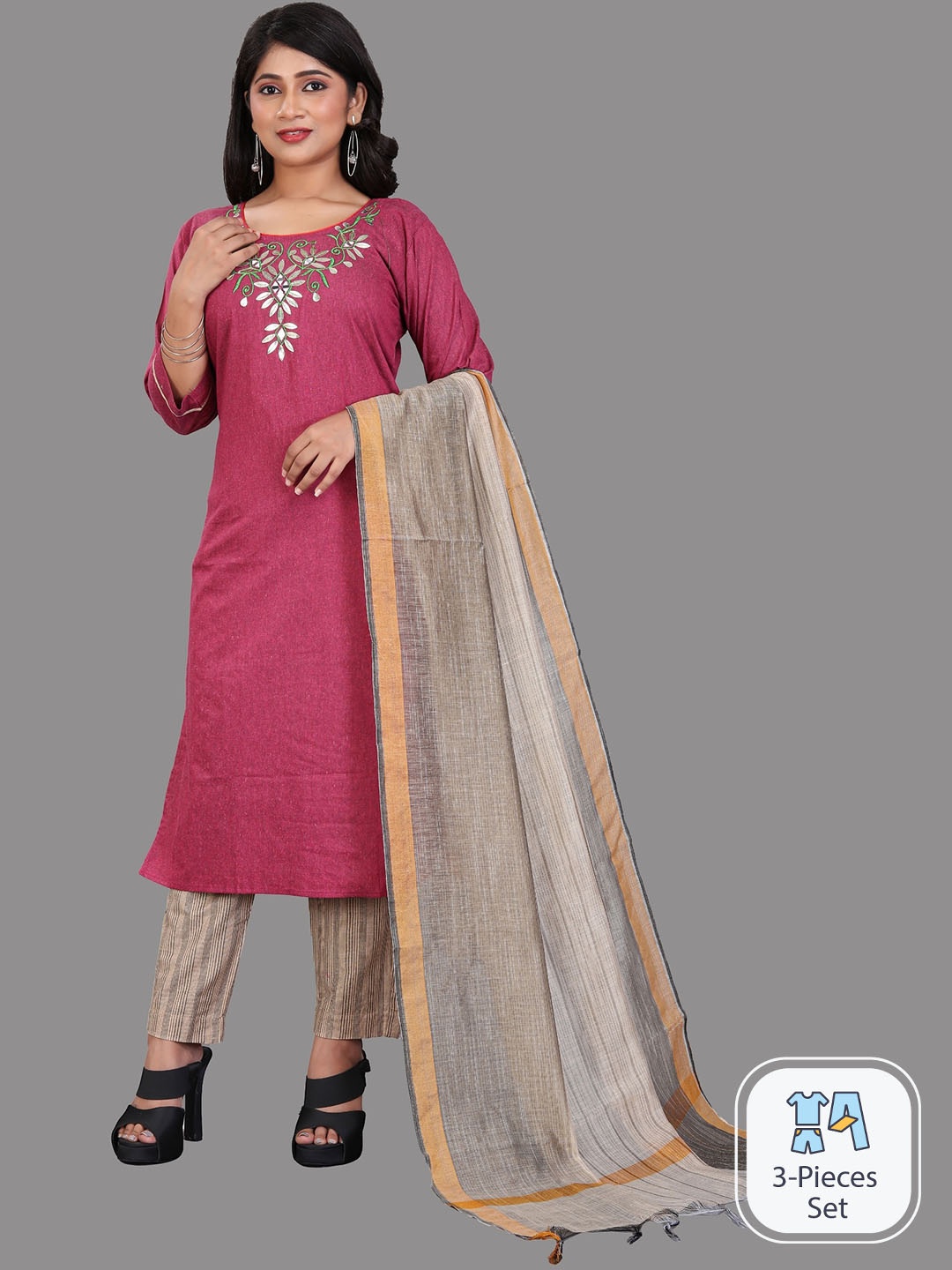 

APNISHA Floral Embroidered Straight Kurta with Pyjamas & With Dupatta, Pink