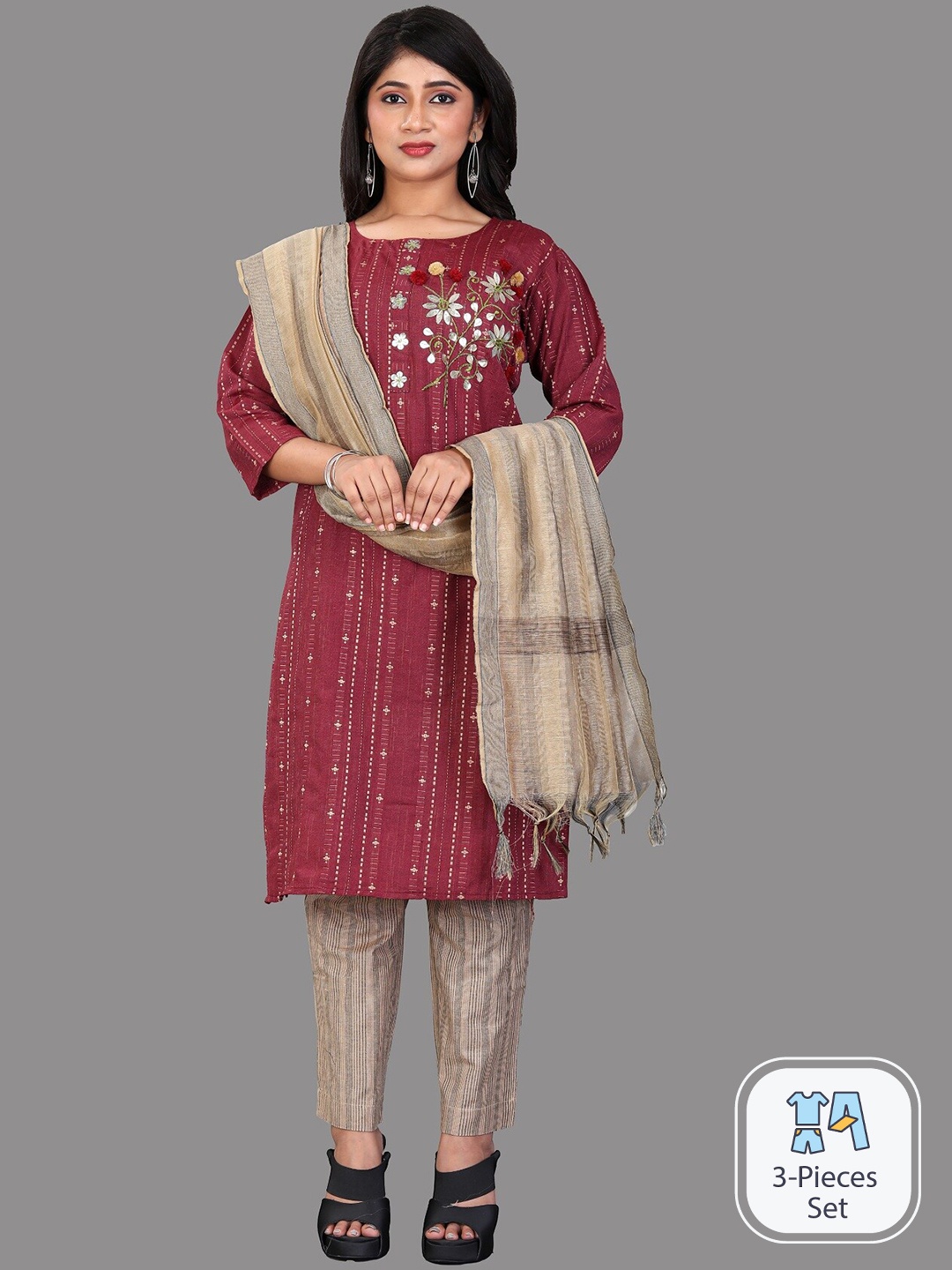 

APNISHA Floral Embroidered Straight Kurta with Trousers & With Dupatta, Maroon
