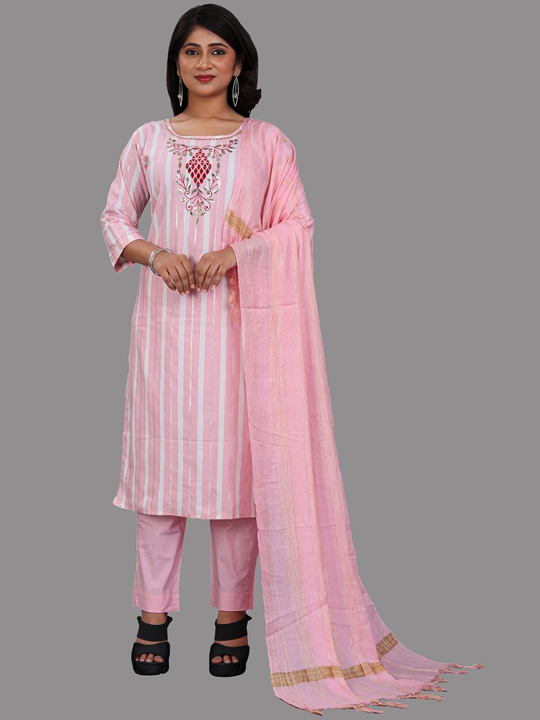 

APNISHA Striped Straight Kurta with Trousers & With Dupatta, Pink