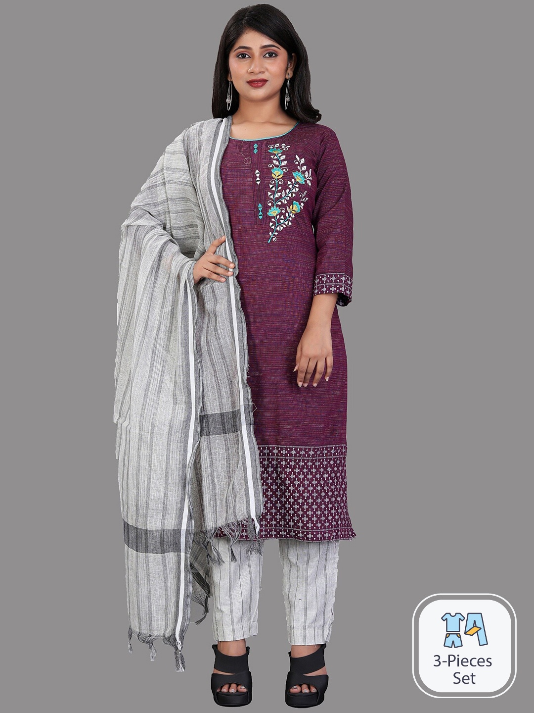 

APNISHA Floral Embroidered Straight Kurta with Pyjamas & With Dupatta, Purple