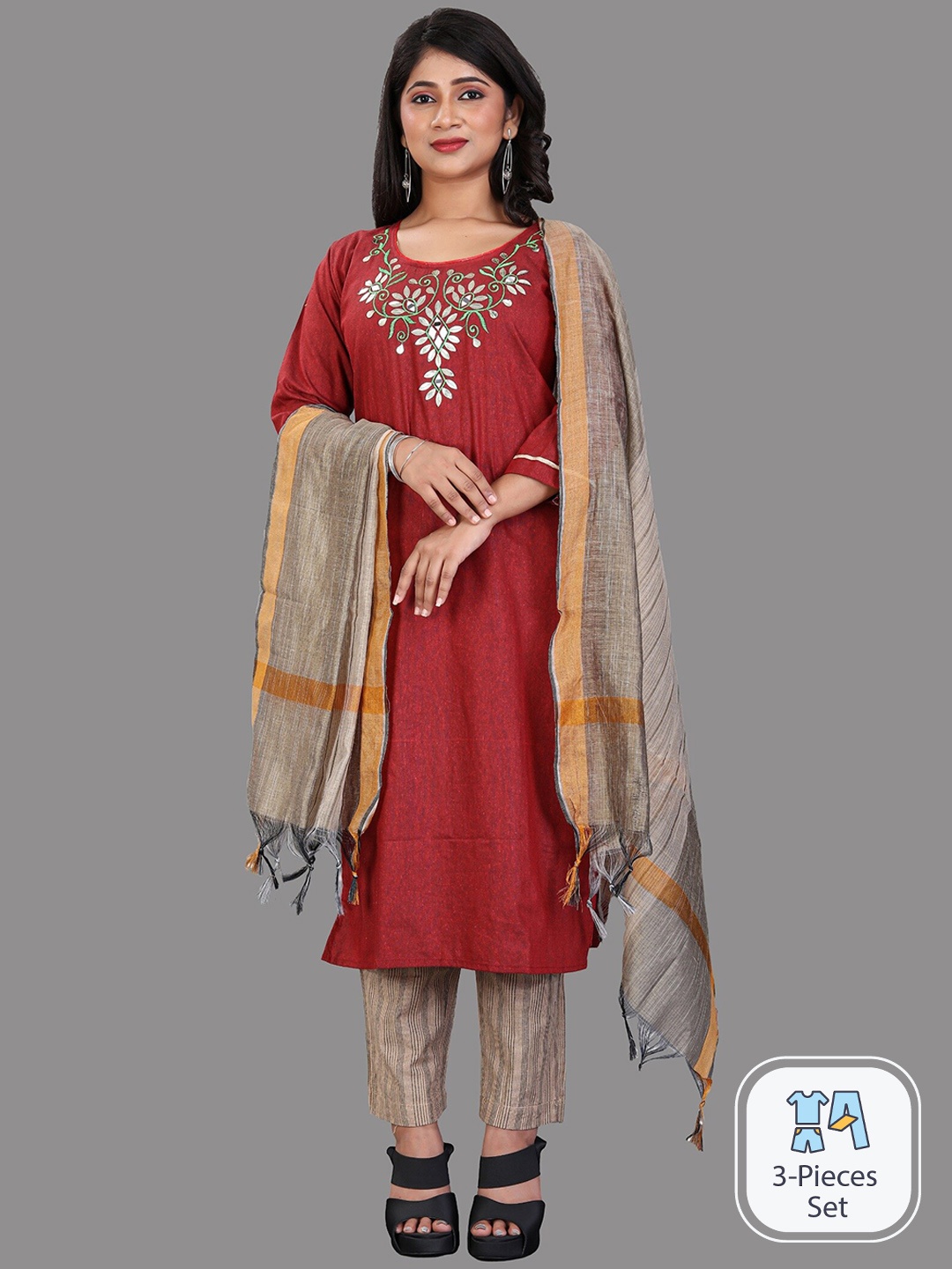 

APNISHA Floral Embroidered Straight Kurta with Trousers & With Dupatta, Maroon