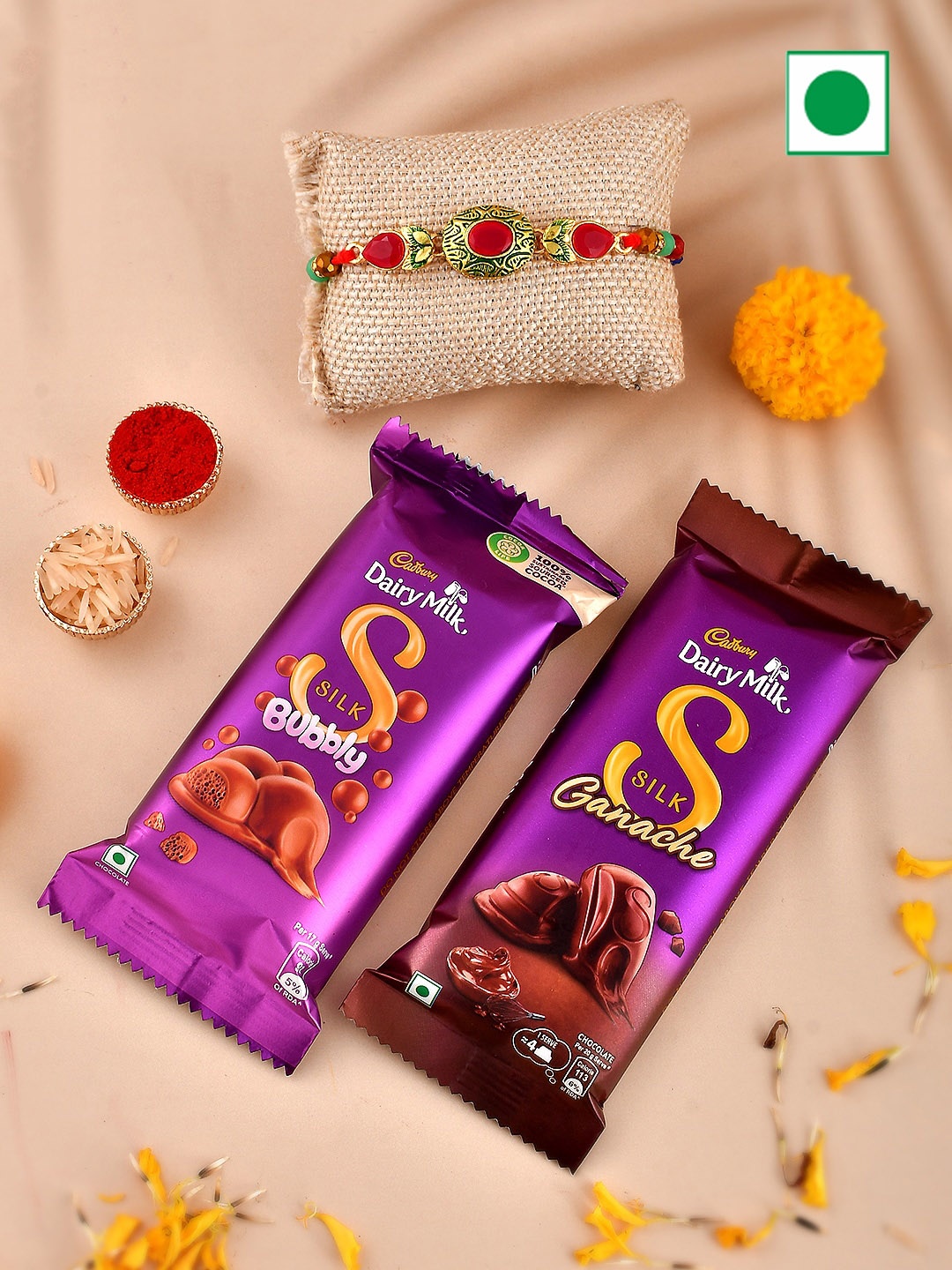 

Aapno Rajasthan Beaded Rakhi With Dairy Milk Chocolate Gift Set, Gold