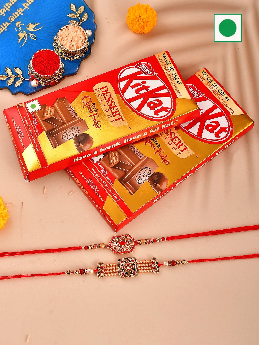 

Aapno Rajasthan Set Of 2 Beaded Rakhi With Chocolate Gifts, Gold