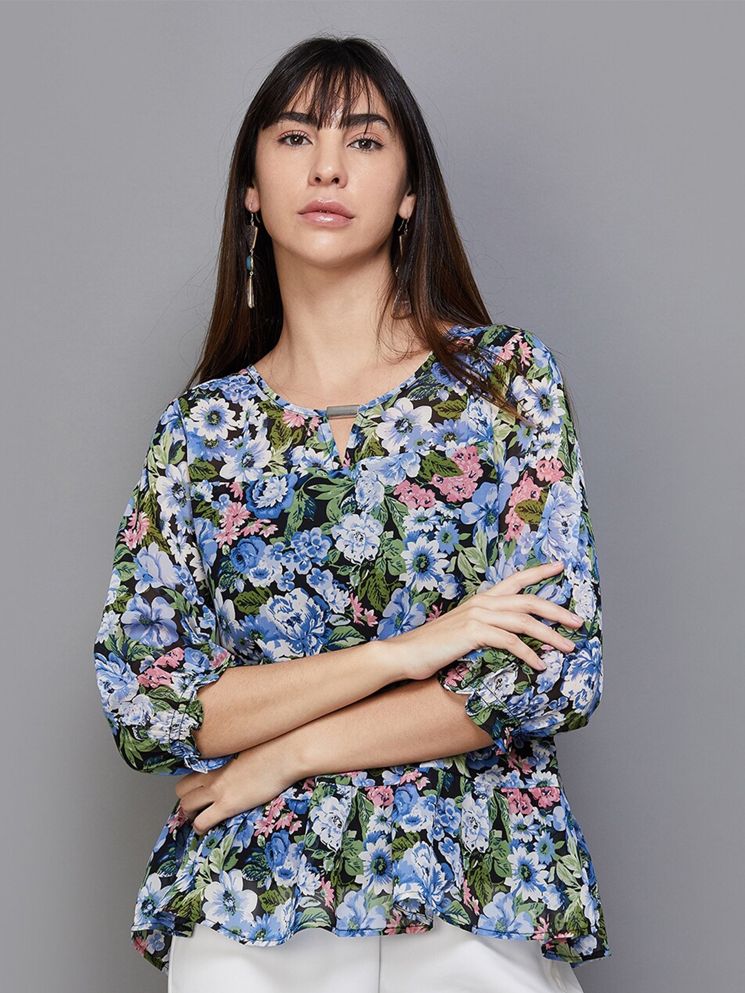 

CODE by Lifestyle Floral Printed Keyhole Neck Puff Sleeves Top, Black