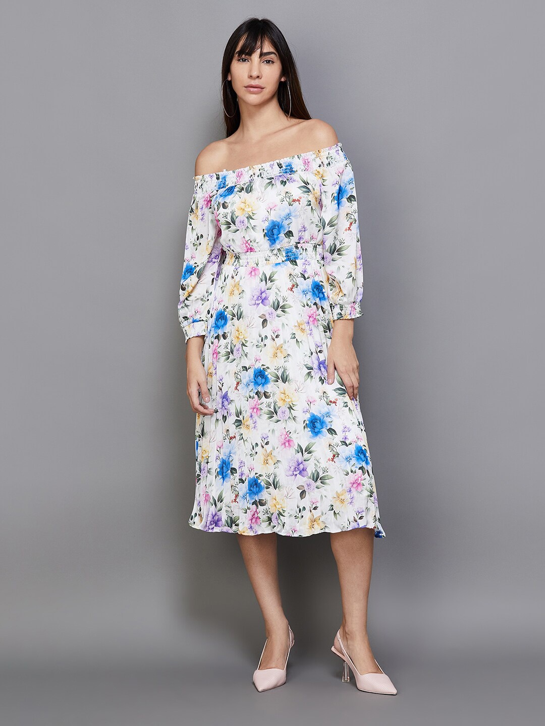 

CODE by Lifestyle Floral Print Off-Shoulder Puff Sleeves Fit & Flare Dress, White