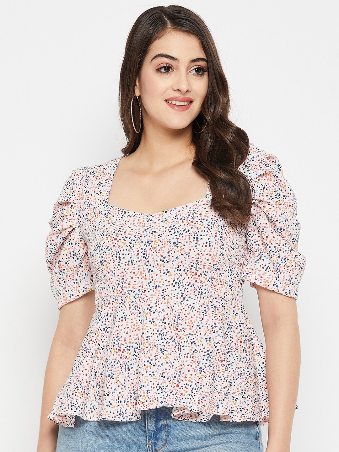 

STYLE BLUSH Floral Print Puff Sleeve Crepe Peplum Top, White