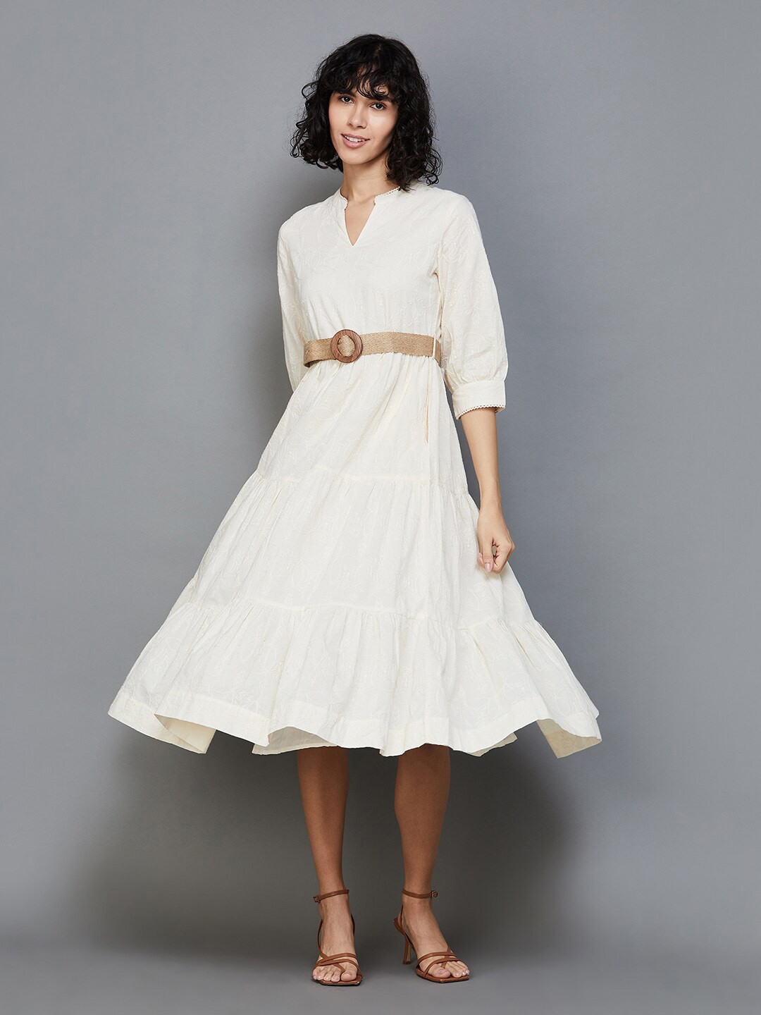 

Colour Me by Melange Floral Embroidered Tiered Cotton Fit & Flare Midi Dress, Off white