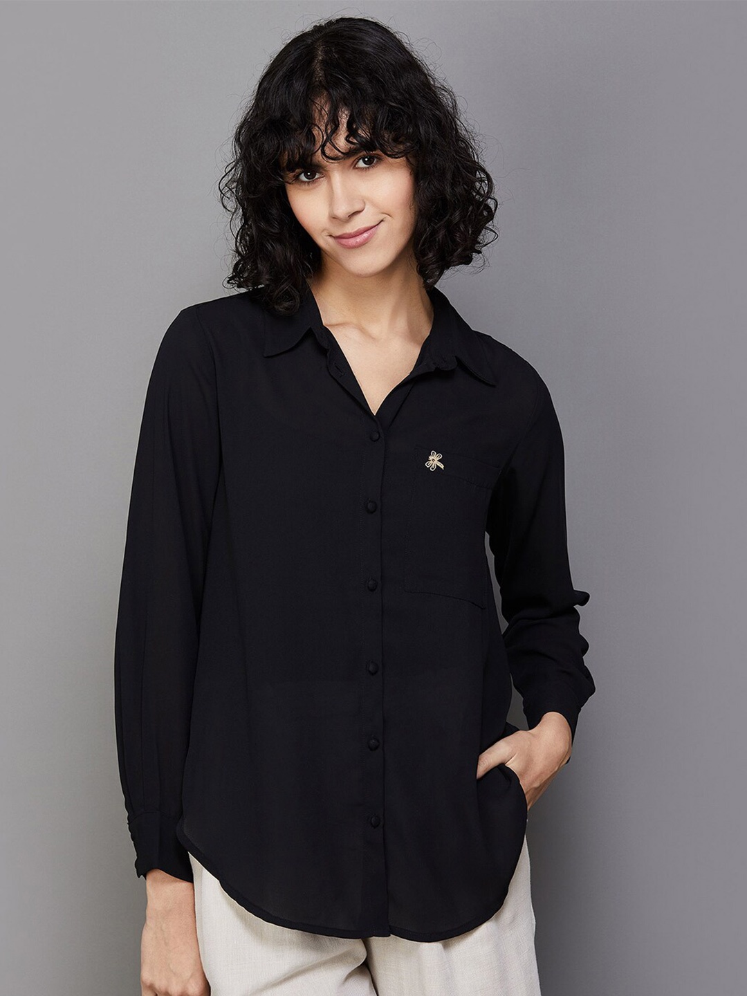 

Colour Me by Melange Embroidered Cotton Casual Shirt, Black