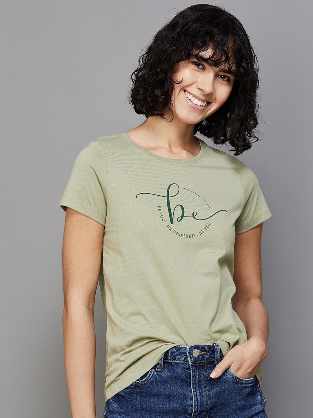

Fame Forever by Lifestyle Typography Printed Round Neck Pure Cotton Regular T-shirt, Green