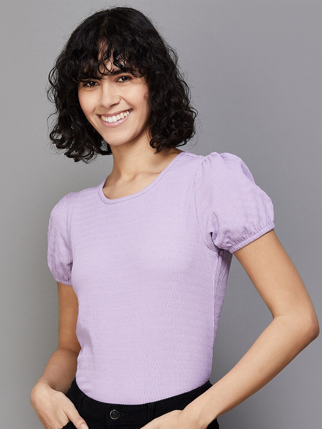 

Fame Forever by Lifestyle Round Neck Puff Sleeve Pure Cotton Regular Top, Purple