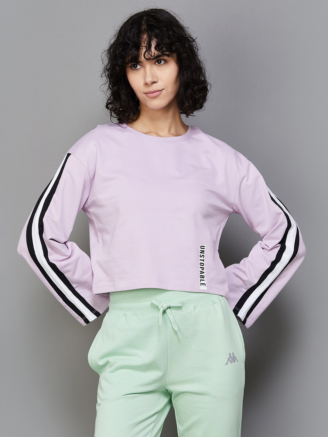 

Kappa Striped Pure Cotton Crop Sports Pullover Sweatshirt, Purple