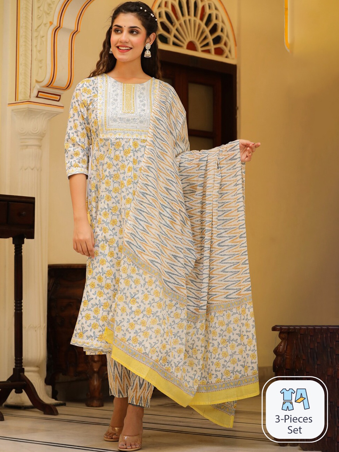 

Readiprint Fashions Floral Printed Mirror Work Pure Cotton Kurta With Trousers & Dupatta, White