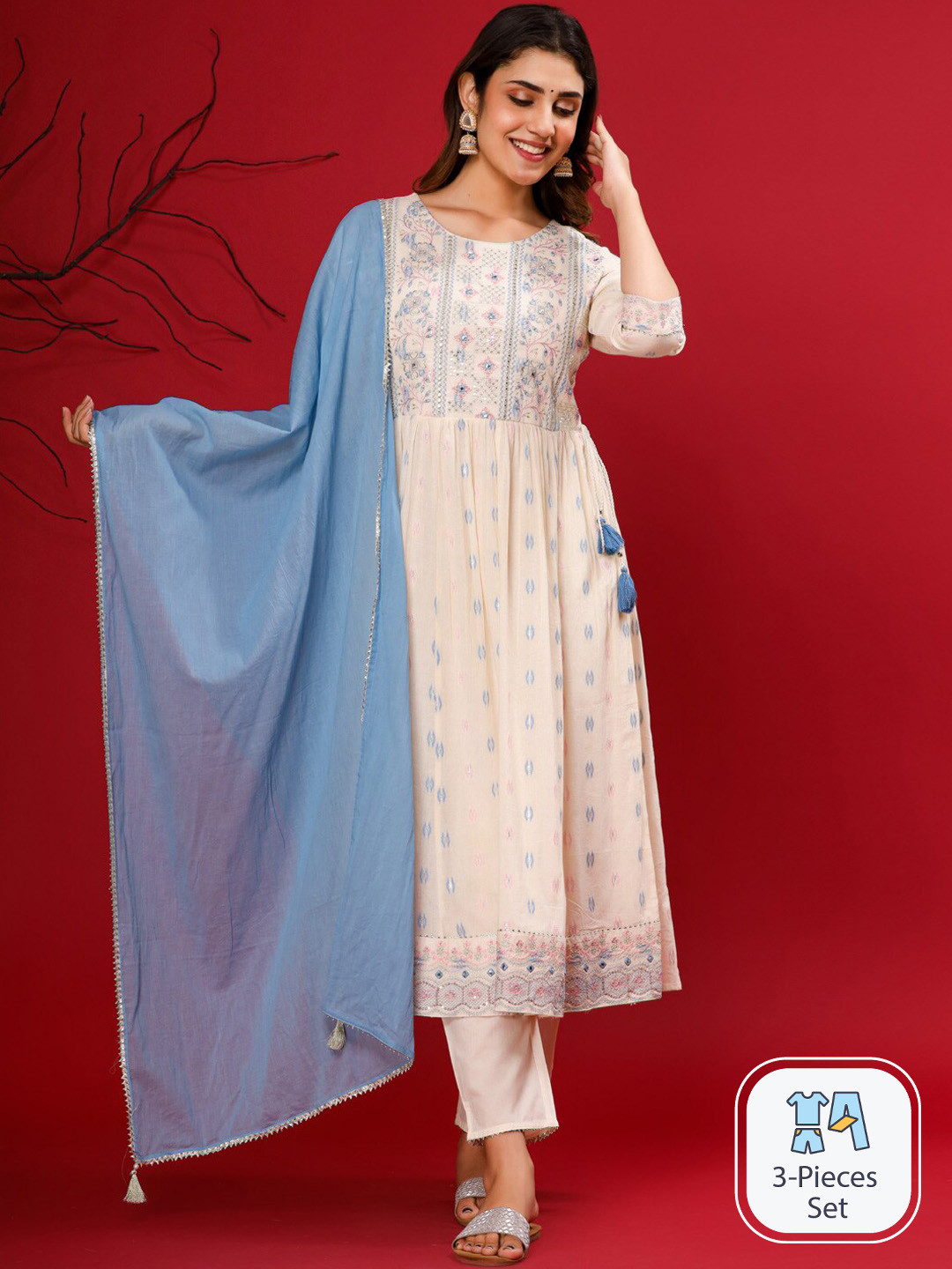 

Readiprint Fashions Floral Embroidered Pure Cotton Kurta & Trousers With Dupatta, Cream