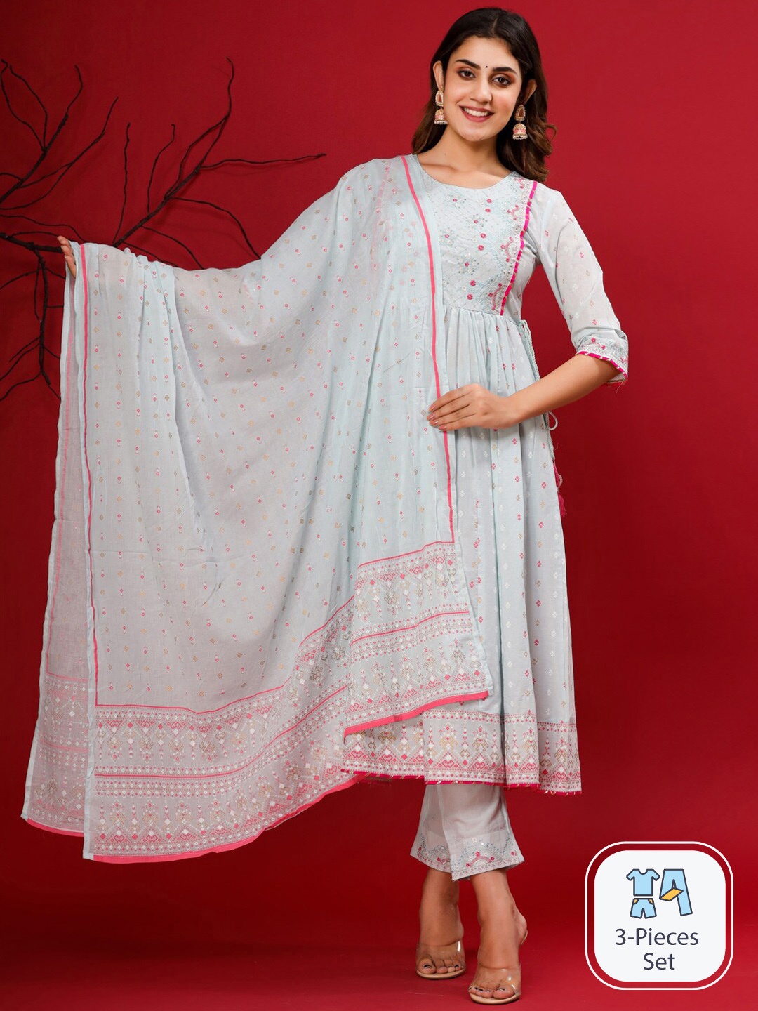 

Readiprint Fashions Bandhani Printed Sequinned Pure Cotton Kurta With Trousers & Dupatta, Blue