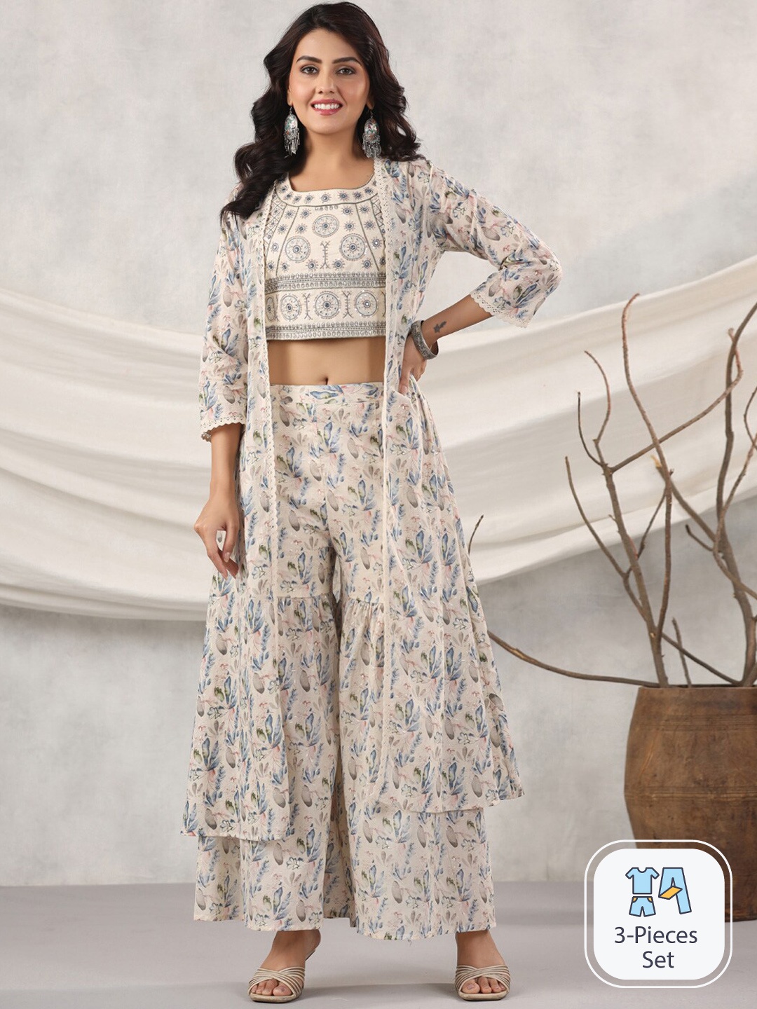 

Readiprint Floral Printed Pure Cotton Kurta With Sharara & Long Jacket, Blue