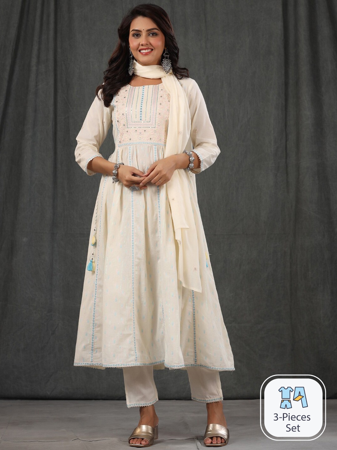 

Readiprint Fashions Woven Design Mirror Work Pure Cotton Kurta With Trousers & Dupatta, White