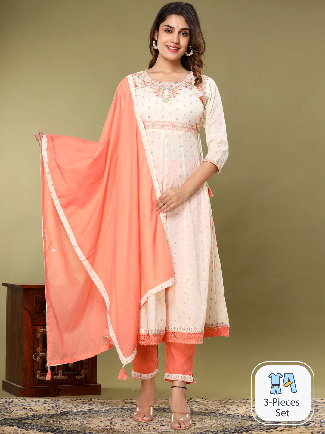 

Readiprint Floral Embroidered Pure Cotton Kurta & Trousers With Dupatta, Cream