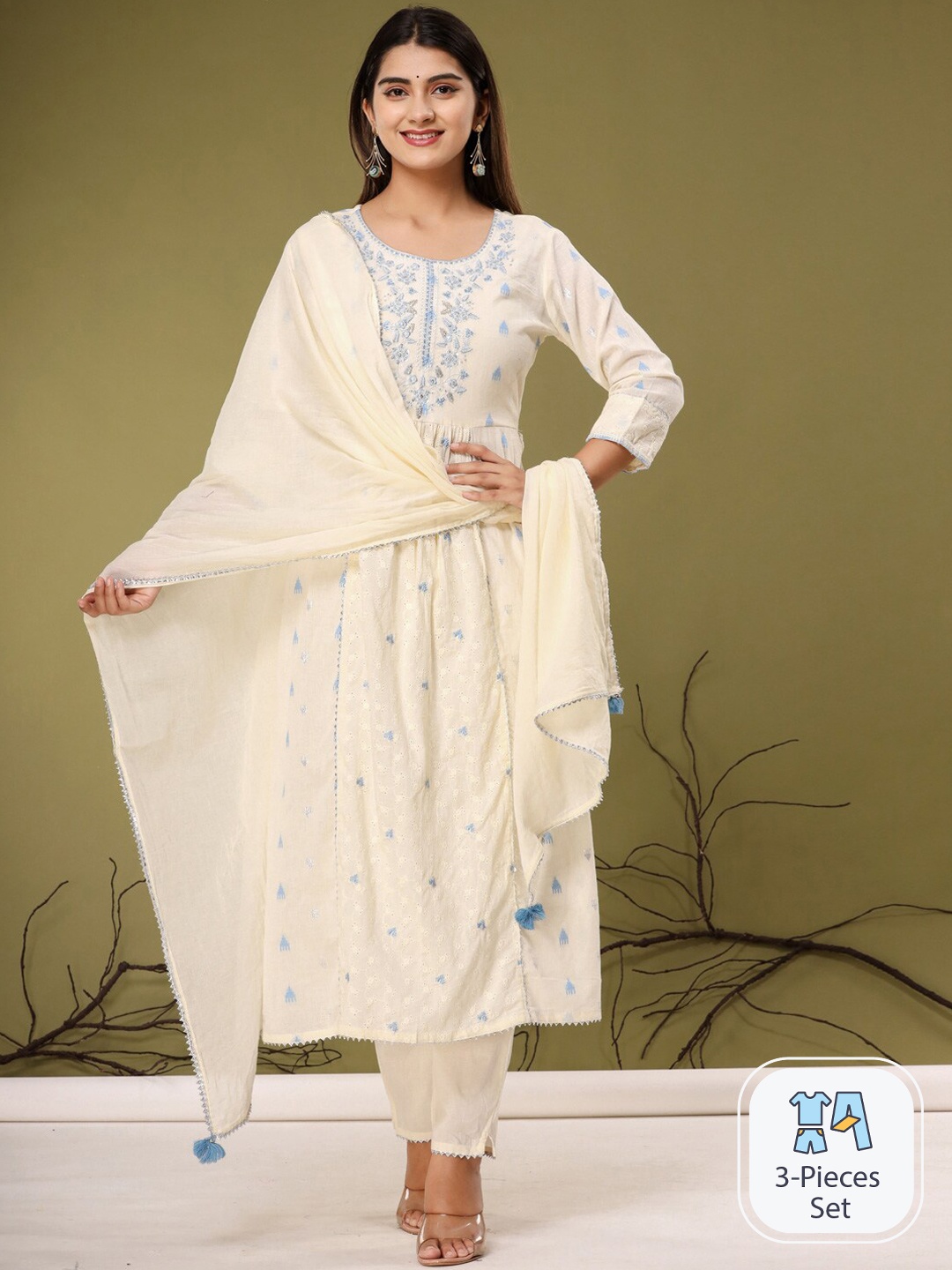 

Readiprint Fashions Floral Embroidered Pure Cotton Kurta & Palazzos With Dupatta, Cream