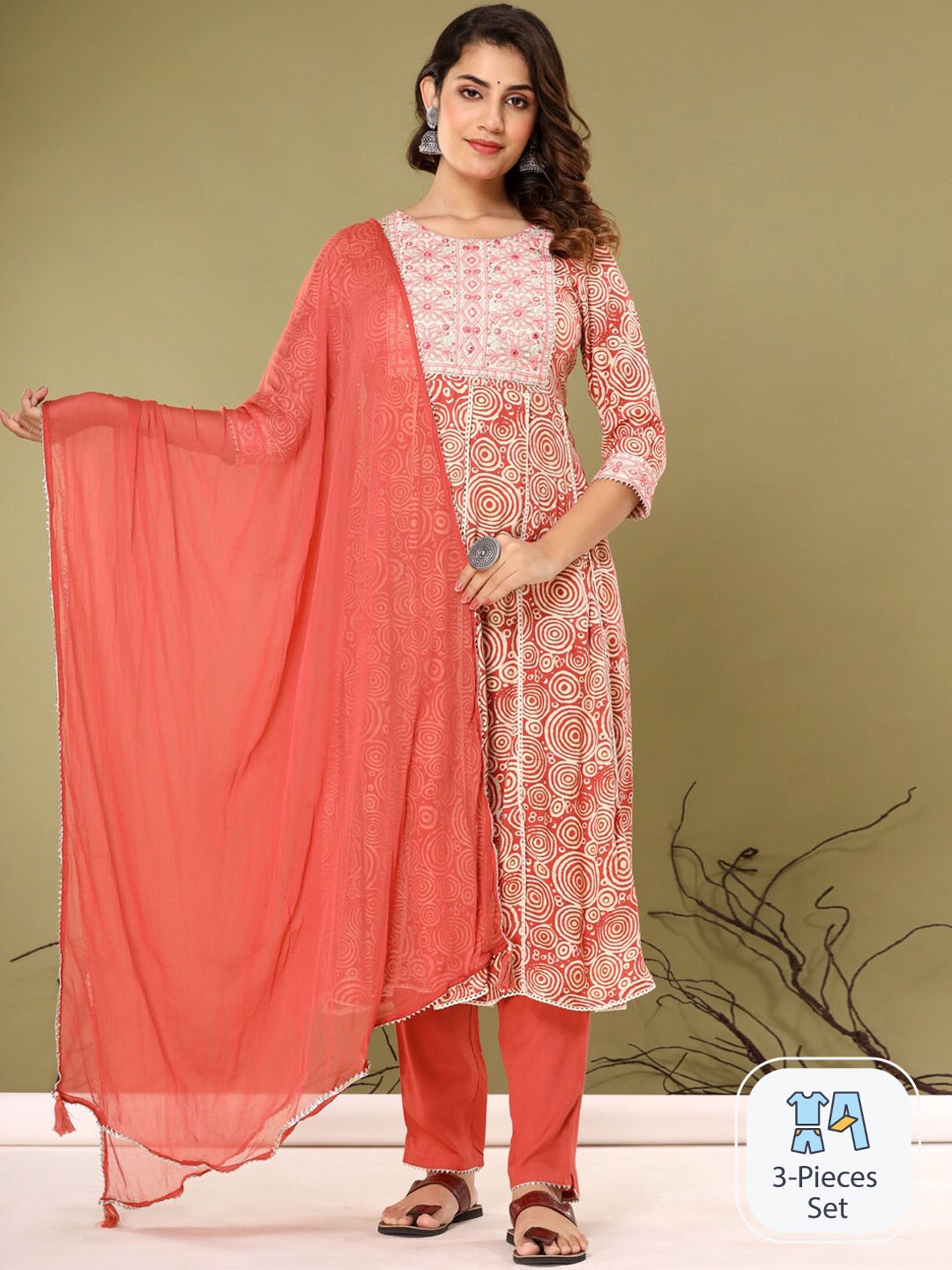 

Readiprint Fashions Geometric Printed Pure Cotton Anarkali Kurta & Trousers With Dupatta, Rust