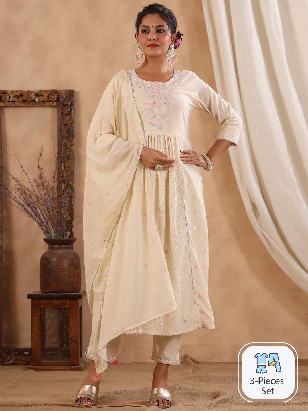 

Readiprint Fashions Woven Design Sequinned Pure Cotton Kurta With Trousers & Dupatta, Cream