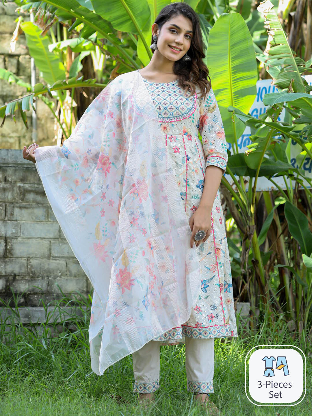 

Readiprint Fashions Floral Printed Mirror Work Pure Cotton Kurta With Trousers & Dupatta, Cream