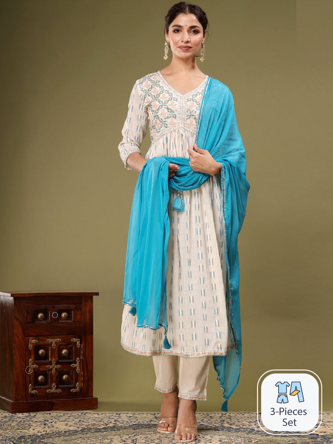 

Readiprint Fashions Ethnic Motifs Embroidered Pure Cotton Kurta & Palazzos With Dupatta, Blue