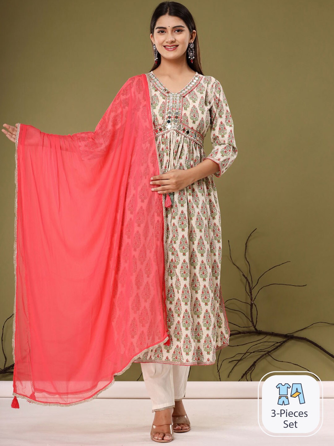 

Readiprint Ethnic Printed Pure Cotton Straight Kurta with Trousers & Dupatta, Cream