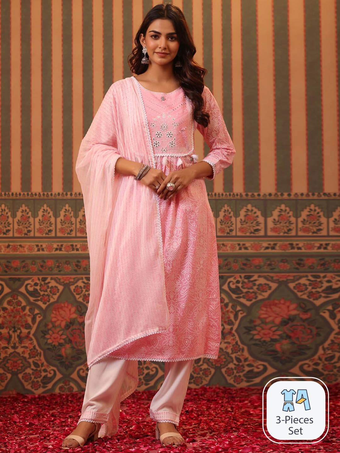 

Readiprint Bandhani Printed Pure Cotton Straight Kurta with Trousers & Dupatta, Pink