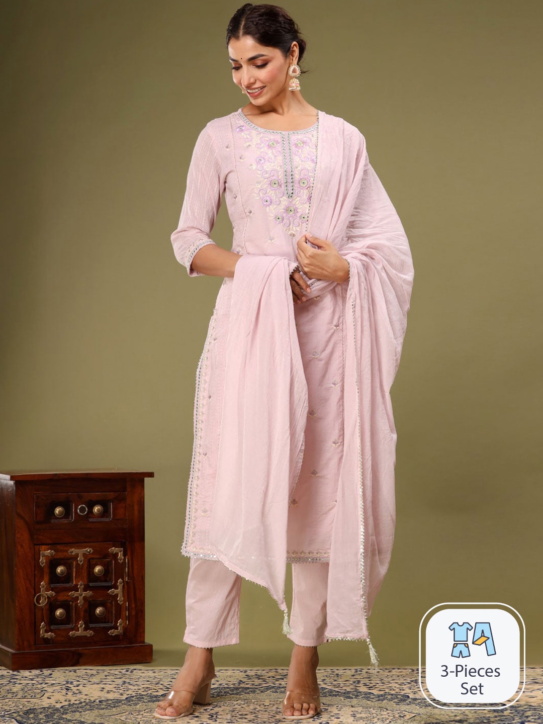 

Readiprint Fashions Floral Embroidered Pure Cotton Straight Kurta with Trousers & Dupatta, Mauve