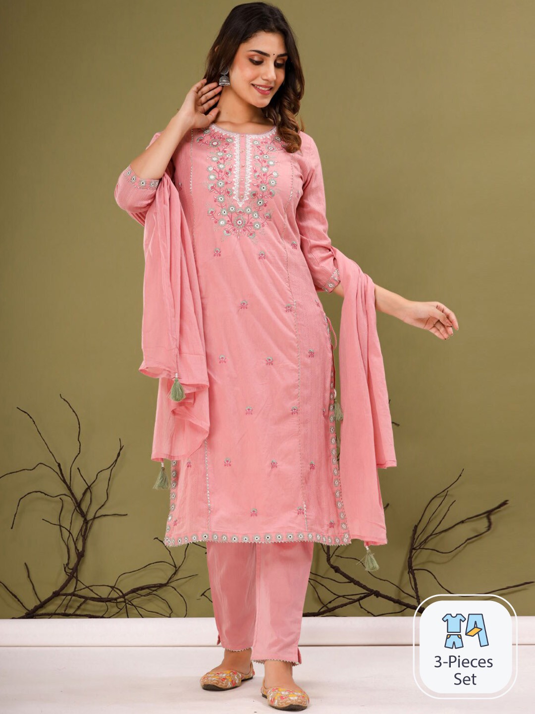 

Readiprint Fashions Floral Embroidered Pure Cotton Straight Kurta with Trousers & Dupatta, Pink