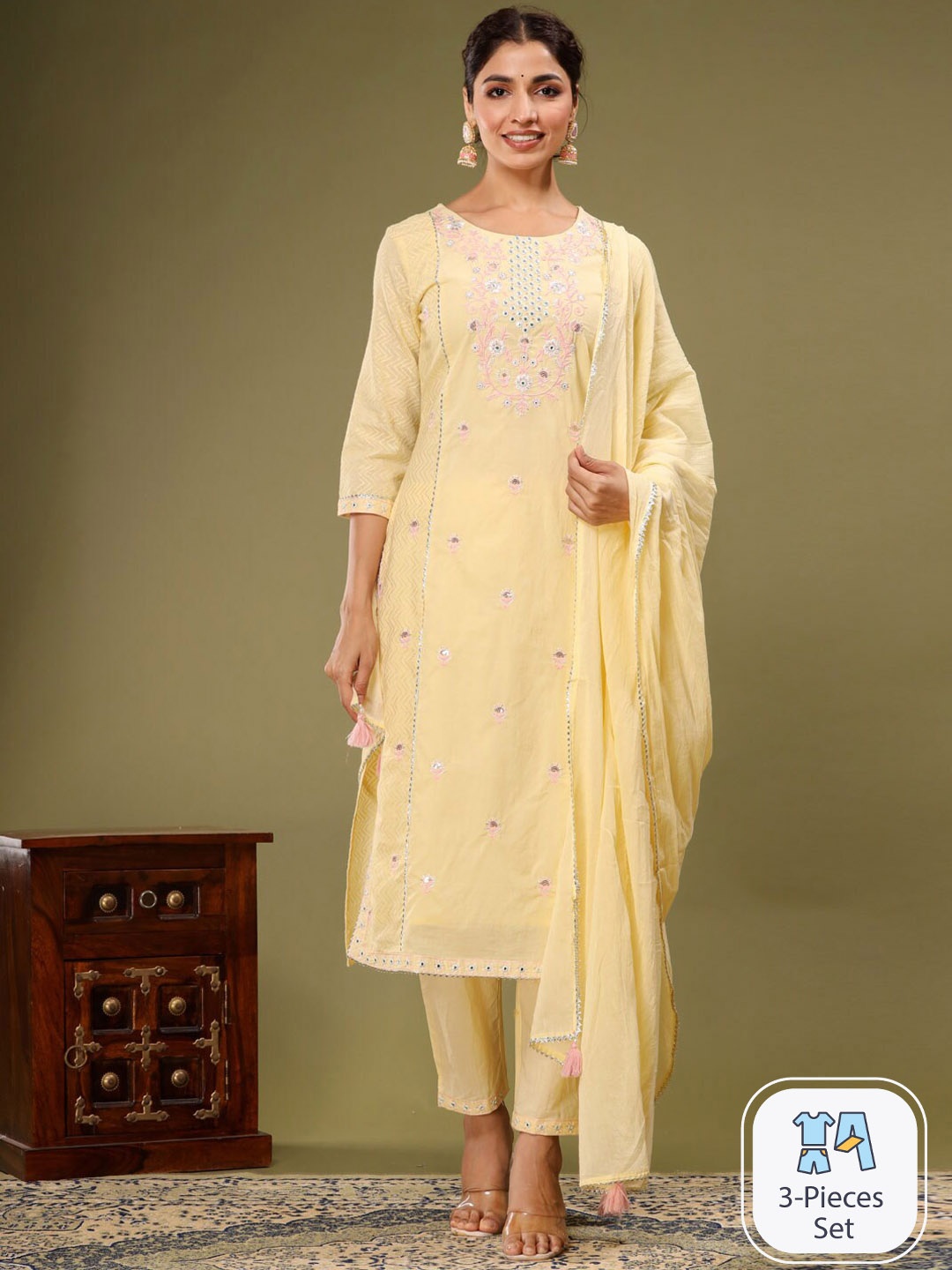 

Readiprint Fashions Floral Embroidered Pure Cotton Straight Kurta with Trousers & Dupatta, Yellow