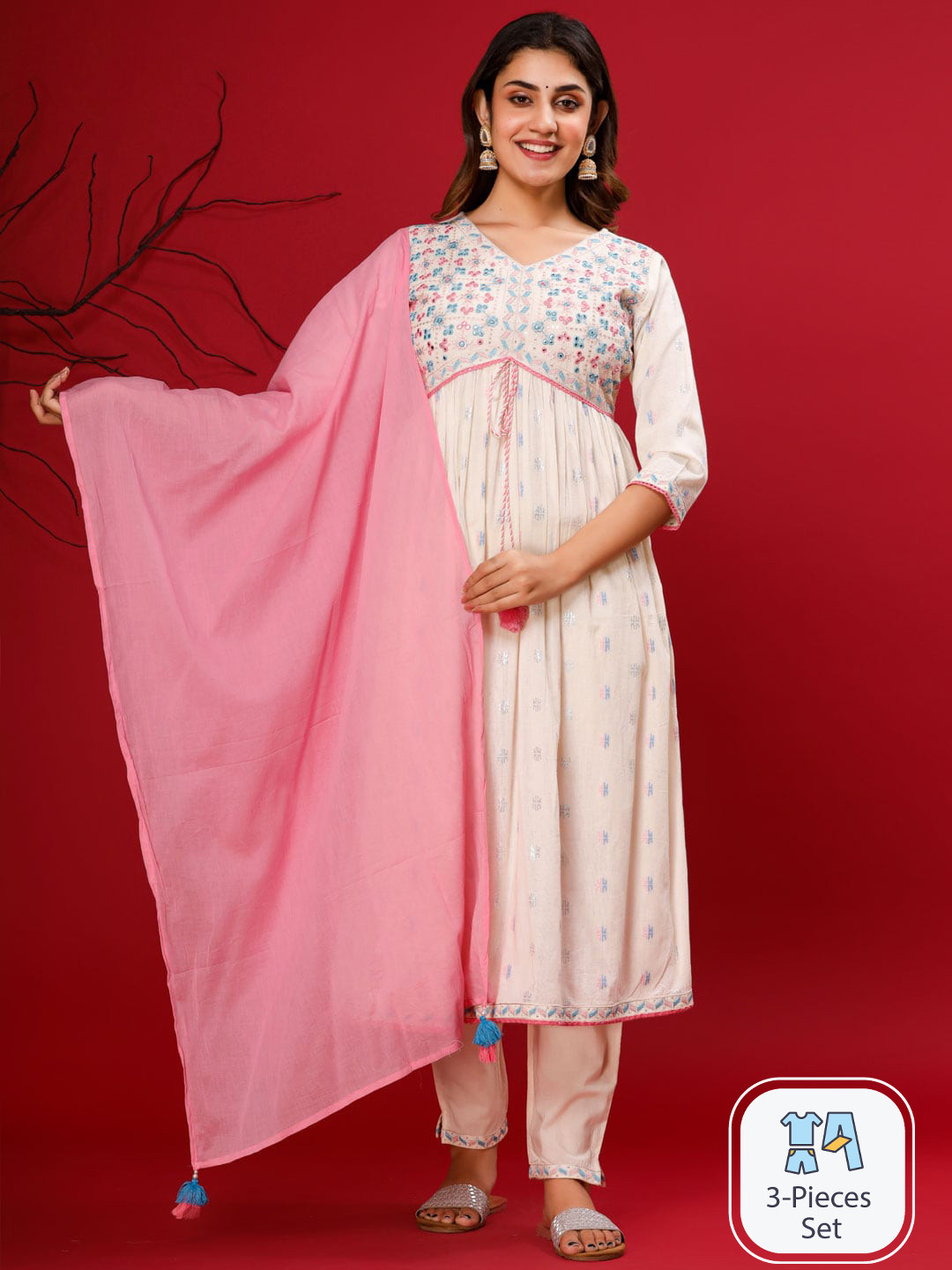 

Readiprint Fashions Floral Embroidered Pure Cotton Anarkali Kurta with Trousers & Dupatta, White