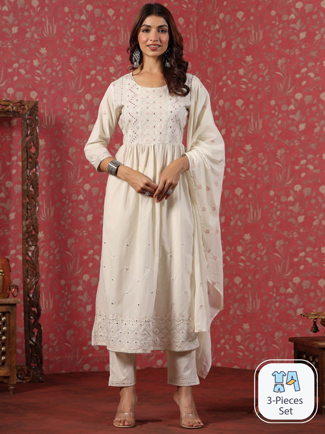 

Readiprint Floral Embroidered Pure Cotton Kurta With Trousers & Dupatta, Cream