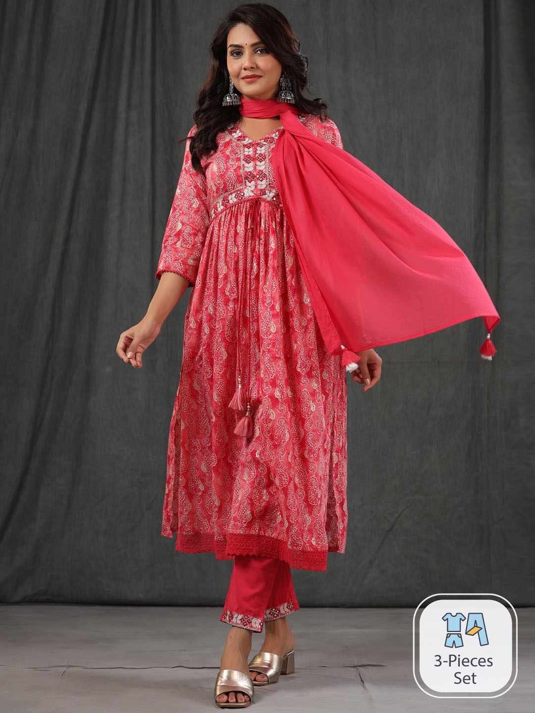 

Readiprint Ethnic Motifs Printed Empire Pure Cotton Kurta With Trousers & Dupatta, Pink