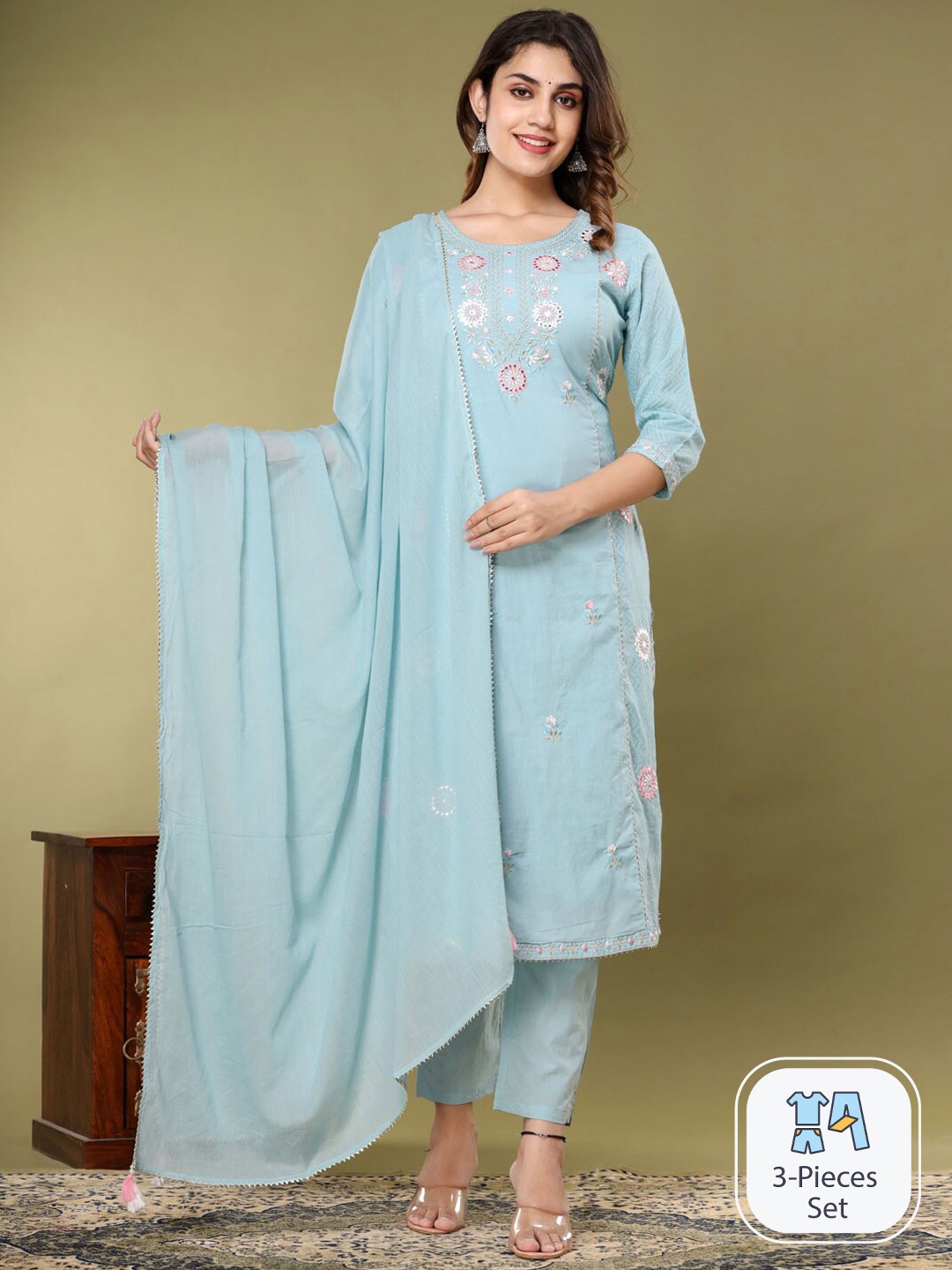 

Readiprint Fashions Floral Embroidered Pure Cotton Kurta With Trousers & Dupatta, Blue