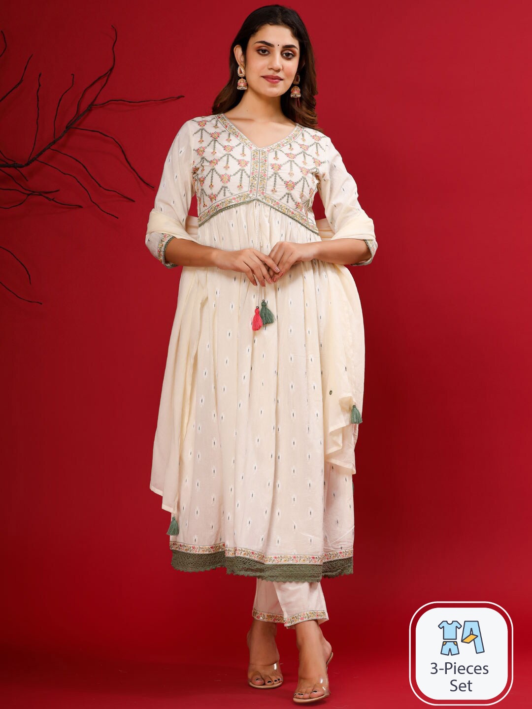 

Readiprint Fashions Floral Embroidered Pure Cotton Kurta With Trousers & Dupatta, Pink